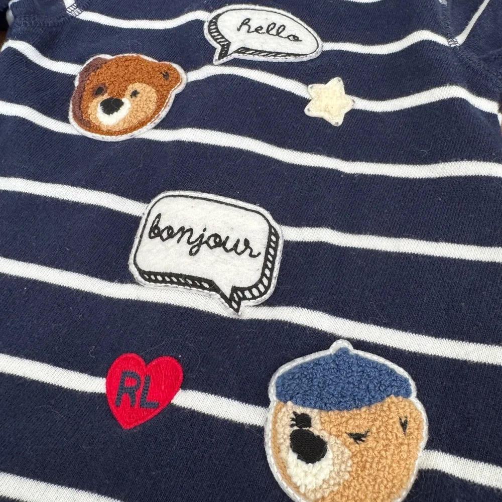 Ralph Lauren Striped Bear Patch Ruffle Bonjour‎ Dress Baby Girl Size 6 Months I